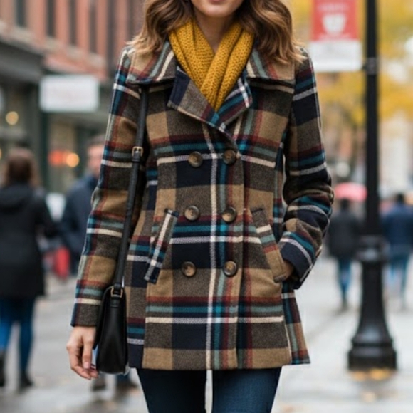 Me Jane Jackets & Blazers - Me Jane Women's Plaid Peacoat Multi Color, Size XS